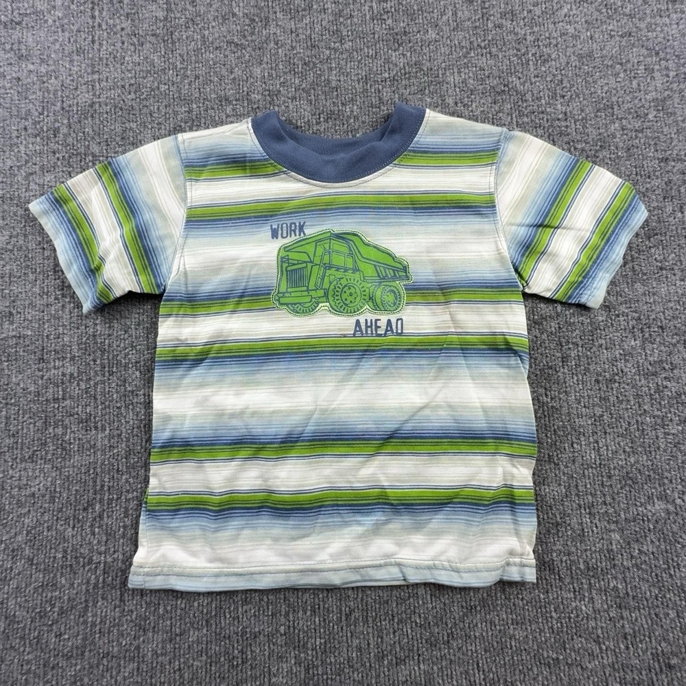 Faded Glory Shirt Boys 3T Blue Green Striped Dump Truck Work Ahead Graphic Tee